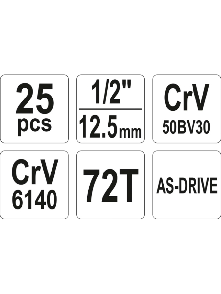 Набор головок с трещоткой YATO 1/2'', 25пр YT-38741