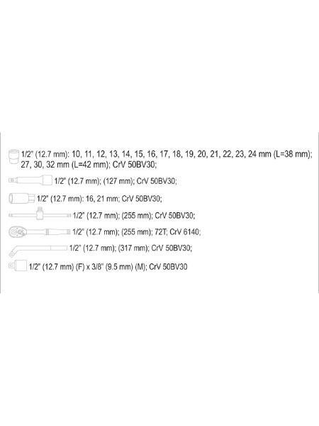 Набор головок с трещоткой YATO 1/2'', 25пр YT-38741