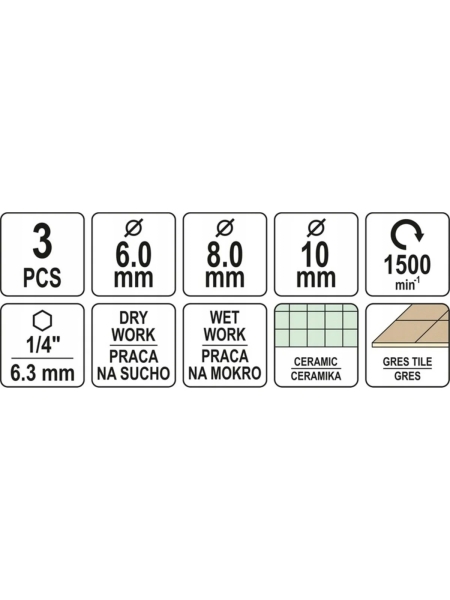 Набор алмазных коронок по плитке YATO 6,8,10мм YT-60409 345760409 092 1