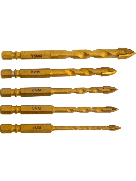 Сверла по плитке и стеклу с хвостовиком HEX 4-10 мм, 5 шт YATO YT-44809