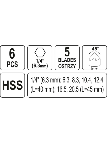 Набор конусных зенкеров YATO 6мм 6 предметов HEX YT-44729 369444729 092 1