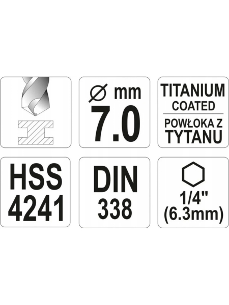 Сверло YATO по мет. HSS-TiN 7,0мм с хвост HEX YT-44766 3624024766092 1