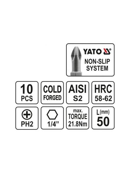 Бита крестовая YATO PН2 1/4 50мм 10шт. YT-0478 36140478 092 1