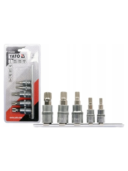 Набор головок-бит SPLINE 1/4" М5, М6 3/8" М8, М10, М12 5 предметов на металлической планке YATO YT-04360